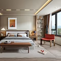 Modern Bedroom Interior Design With Wooden Bed Red Chair Wall Art And Area Rug