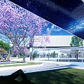 Modern Garden Landscape With Architectural Structure Lawn Lounge Areas And People Gathering