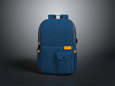 Blue Daily Use Backpack With Orange Accents And Practical Pockets 3d model