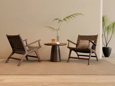 Wicker Chairs And Small Round Table Set In Lounge Area With Plants Wooden Floor 3d model