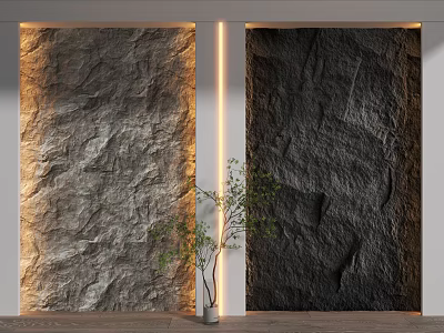 Light And Dark Rock Texture Background Wall With White Divider And Potted Plant 3d model