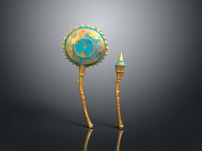Gold And Blue Decorative Weapons With Spiked Circular And Pointed Top Designs 3d model