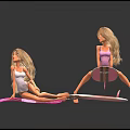 Blonde Dolls In Pink Swimwear Sitting On Pink Striped Mat And Gold Accent Surfboard