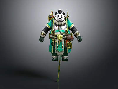Panda Warrior Character In Green And White Outfit With Backpack And Staff Standing Pose 3d model