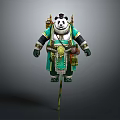 Panda Warrior Character In Green And White Outfit With Backpack And Staff Standing Pose