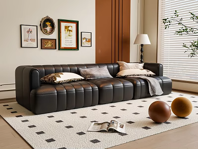 Black Three Seater Leather Sofa With Pillows On Patterned Rug And Wall Art Near Lamp 3d model
