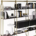 Modern Gold Metal Frame Black Storage Shelves With Books Decorative Vases And Ornaments