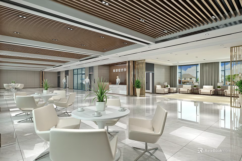 Spacious Modern Front Desk Reception Area With White Waiting Chairs And Green Decorative Plants 3d model 