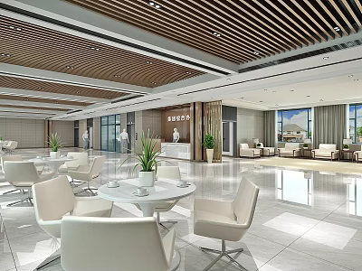 Spacious Modern Front Desk Reception Area With White Waiting Chairs And Green Decorative Plants 3d model