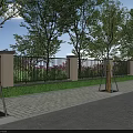 Modern Building Exterior Wall With Light-colored Finish Metal Fence Trees Shrubs And Paved Road
