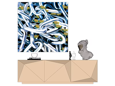 Modern TV Stand With Abstract Blue White Intertwined Painting And Sculpture Decor 3d model