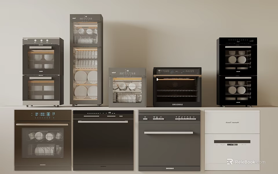Modern Kitchen Appliances Display Featuring Various Ovens Dishwashers And Cabinets 3d model