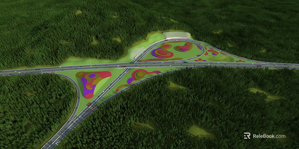 Highway Interchange Road Infrastructure Surrounded by Green Forest with Colorful Design Elements 3d model