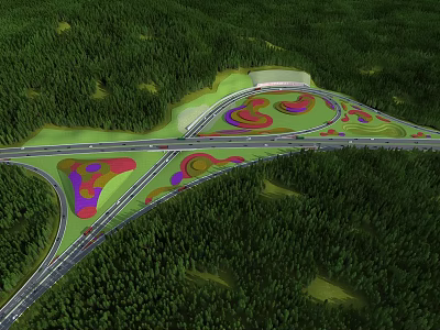 Highway Interchange Road Infrastructure Surrounded by Green Forest with Colorful Design Elements 3d model
