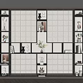 Modern Display Cabinet With Multiple Shelves Rattan Grid Background Featuring Small Figurines Vases And Books