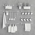 Kitchen Decorative Ornament Combination With Hanging Rods Utensils Mugs Cutting Boards Towels And Potted Plants