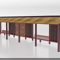 Traditional Rest Area Canopy with Wooden Roof Bench Seats and Decorative Signboards