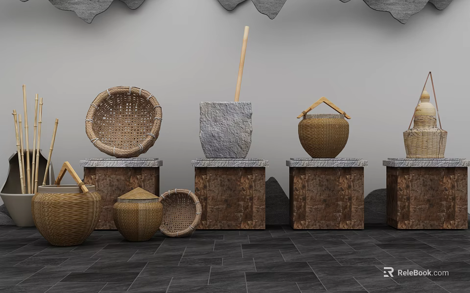 Woven Storage Baskets With Handles In Various Sizes On Display Stands 3d model