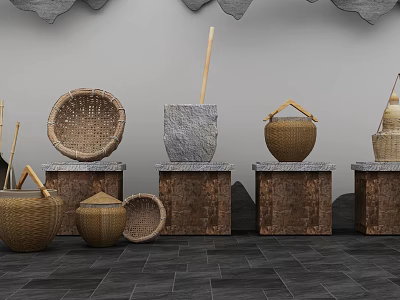 Woven Storage Baskets With Handles In Various Sizes On Display Stands 3d model