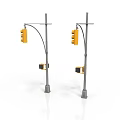 Urban Street Traffic Light Poles With Yellow Signals And Pedestrian Devices
