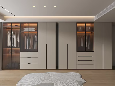 Modern Walk in Closet Interior Design With Glass Door Cabinets Drawers Hanging Clothes And Lighting 3d model