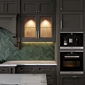 Dark Gray Kitchen Cabinets With Green Herringbone Backsplash Marble Countertop And Built In Appliances