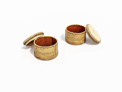 Two Cylindrical Wooden Boxes With Open Lids And Carved Surface Patterns 3d model