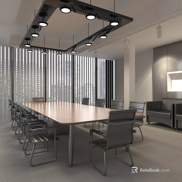 Modern Conference Room Interior Design With Long Wooden Table Comfortable Chairs And Pendant Lights 3d model 