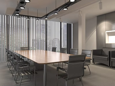 Modern Conference Room Interior Design With Long Wooden Table Comfortable Chairs And Pendant Lights 3d model