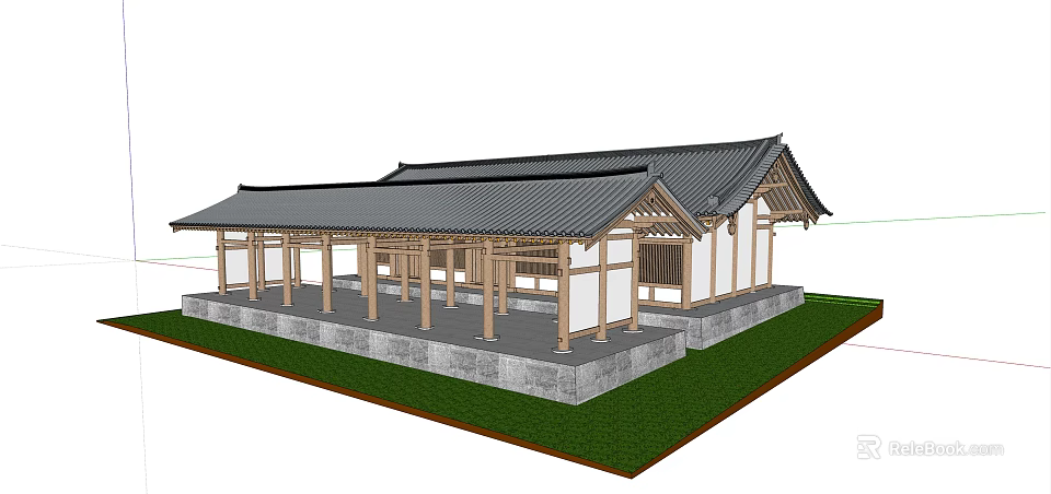 Traditional Chinese Ancient Architecture With Black Tiled Roof Wooden Columns White Walls And Green Grass 3d model 