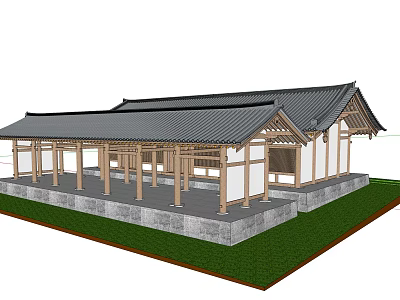 Traditional Chinese Ancient Architecture With Black Tiled Roof Wooden Columns White Walls And Green Grass 3d model