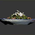 Chinese Traditional Dish On Blue And White Patterned Plate With Green Vegetables And Meat Pieces
