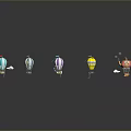 Colorful Cartoon Hot Air Balloons In Various Shapes With Reflections On Dark Background