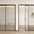 Glass Sliding Doors With Black Frame In Modern Interior Wooden Floor And Potted Plant