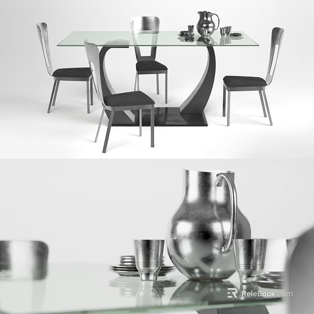 Modern Dining Table Set With Glass Top Chairs And Metal Pitcher Cups 3d model 