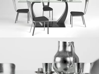 Modern Dining Table Set With Glass Top Chairs And Metal Pitcher Cups 3d model