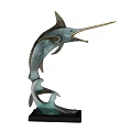 Decorative Leaping Swordfish Sculpture With Green Silver Finish And Black Base