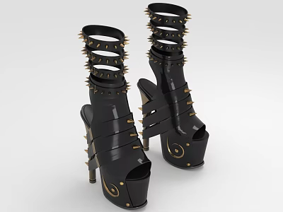Black High Heels Featuring Multiple Layers Of Spiked Straps And Round Sole Decorations 3d model