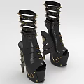 Black High Heels Featuring Multiple Layers Of Spiked Straps And Round Sole Decorations