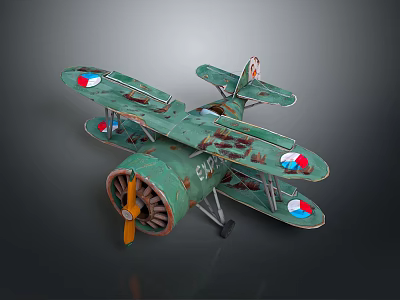 Vintage Green Biplane Model with Red Blue Markings and Yellow Propeller in Space Aviation 3d model