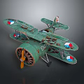 Vintage Green Biplane Model with Red Blue Markings and Yellow Propeller in Space Aviation