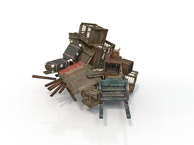 Pile of Old Wooden Furniture Broken Chairs Crates and Other Abandoned Items 3d model