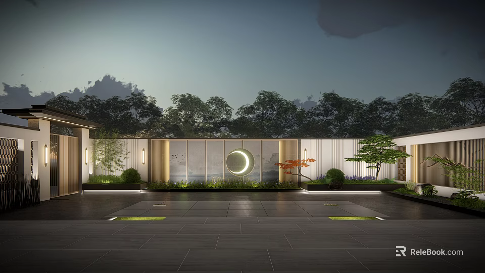 Chinese Style Courtyard Garden With Moon Shaped Decor Trees Greenery And Stone Slab Floor 3d model 