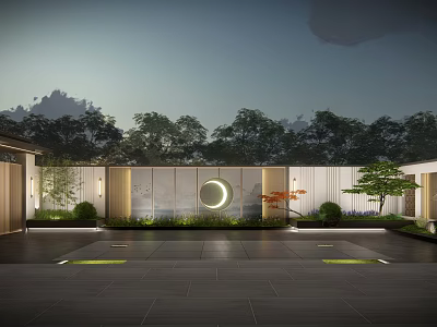 Chinese Style Courtyard Garden With Moon Shaped Decor Trees Greenery And Stone Slab Floor 3d model