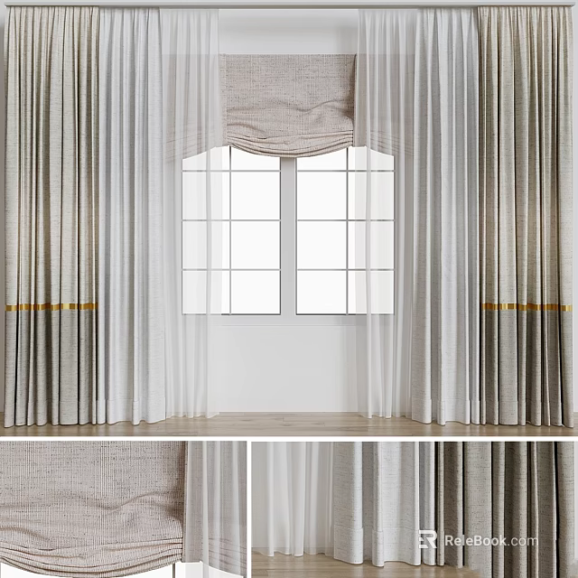 Elegant Light Gray Flowy Linen Curtains With Golden Trim For Window Decoration 3d model 