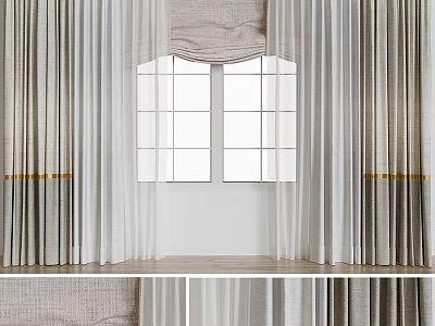 Elegant Light Gray Flowy Linen Curtains With Golden Trim For Window Decoration 3d model