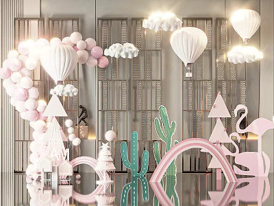 Creative Inflatable Party Decor Featuring Pink White Balloons Clouds Hot Air Balloons Castle Cactus Flamingo 3d model