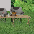 White Foldable Outdoor Chairs With Gray Accents On Lawn And Wooden Table With Fruits