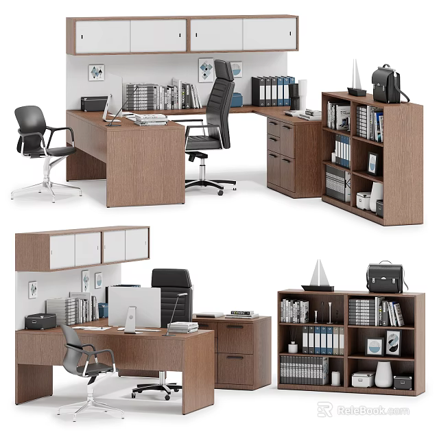 Modern Office Interior With L Shaped Wooden Desk Ergonomic Chair Bookshelf And File Cabinet 3d model 