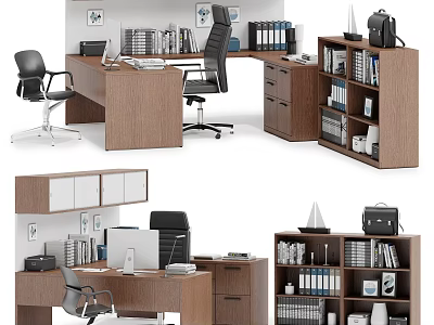 Modern Office Interior With L Shaped Wooden Desk Ergonomic Chair Bookshelf And File Cabinet 3d model